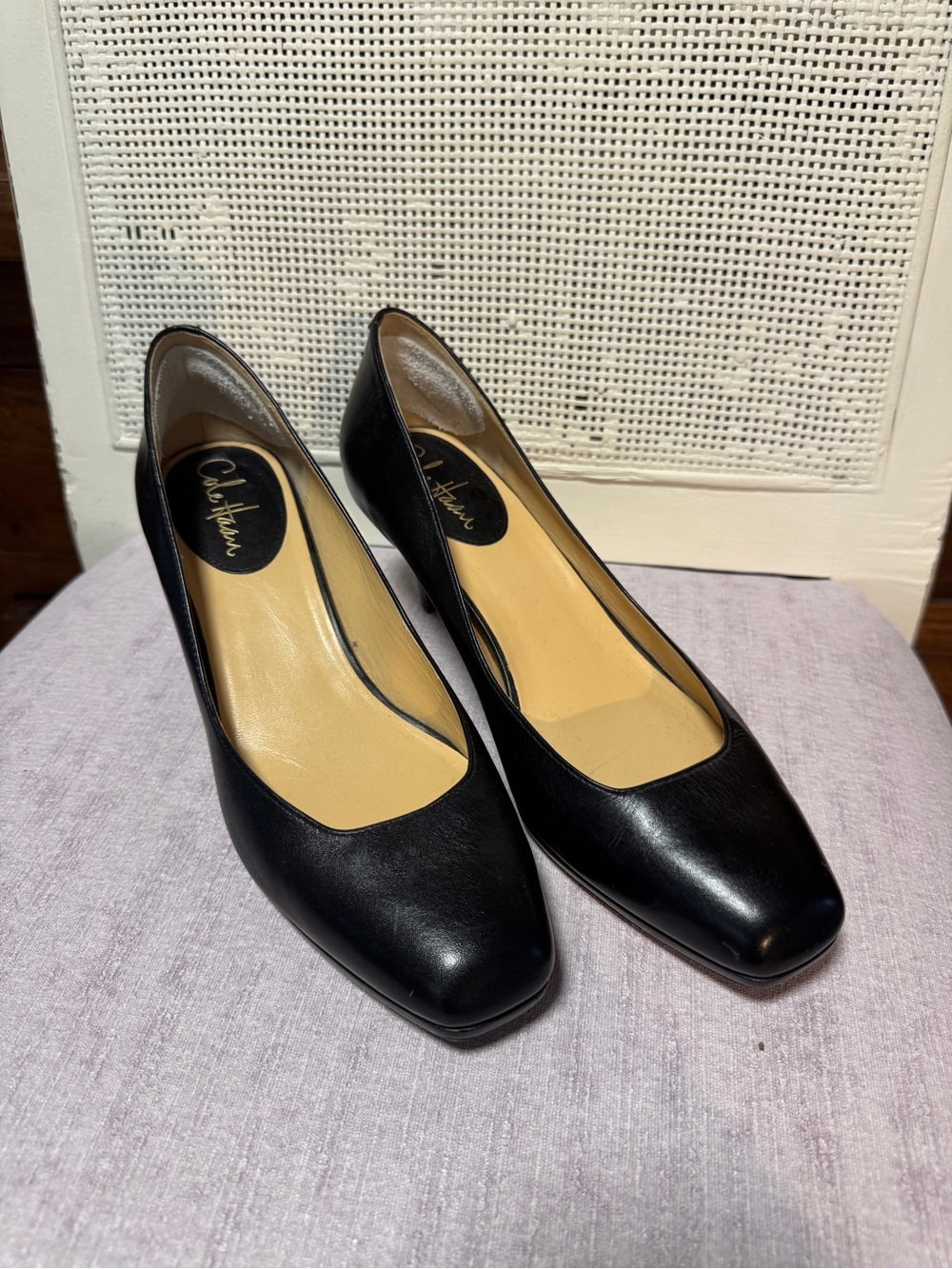 Cole Haan Black Leather Square-Toe Pumps